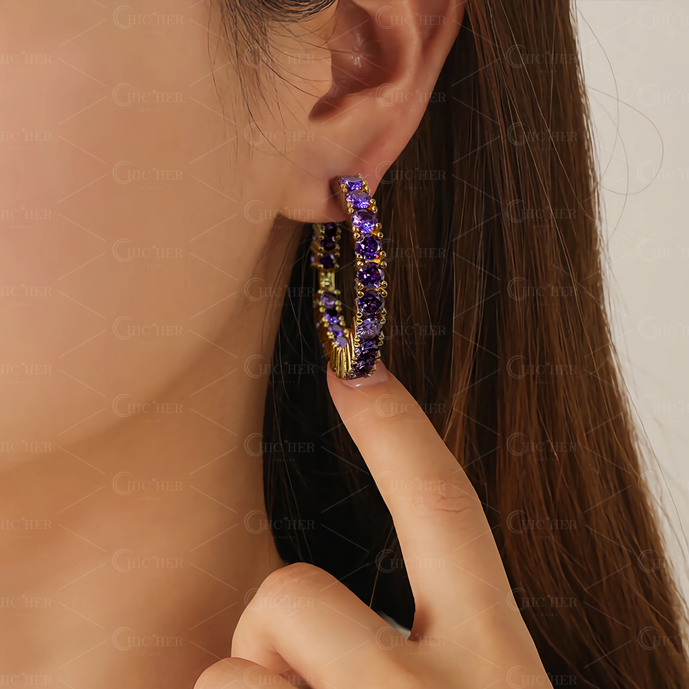 Round Cut Amethyst Sapphire Hoop Earrings