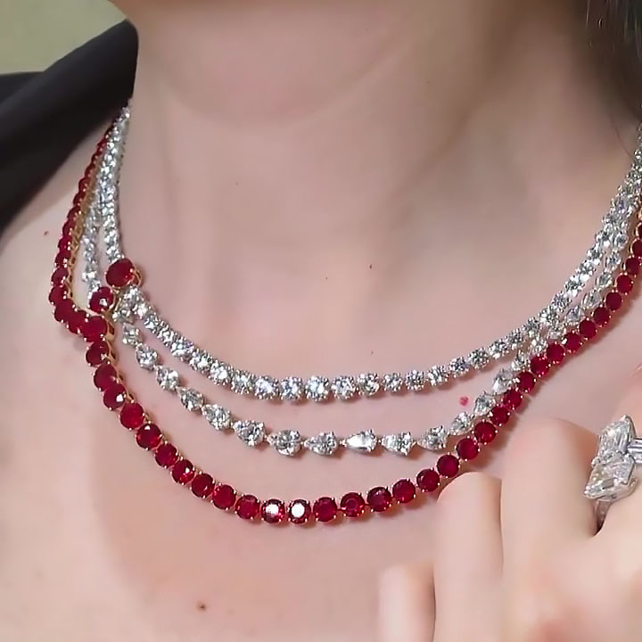 Round&Pear Cut Ruby Sapphire Necklace