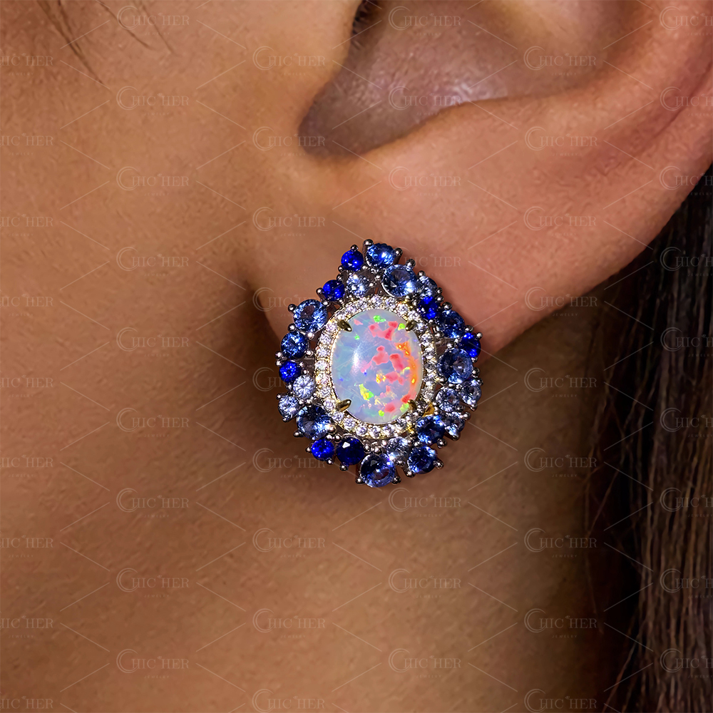 Oval Cut Opal Sapphire Stud Earrings
