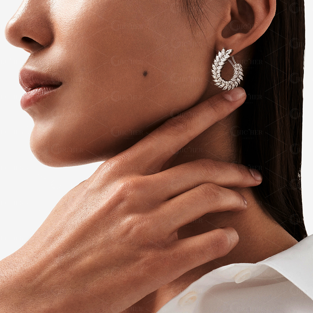 Leaf Design Marquise Cut White Sapphire Hoop Earrings