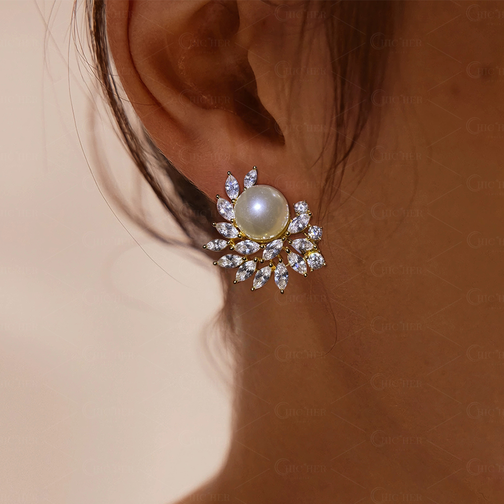 Art Deco Gold Pearl&Diamond Stud Earrings