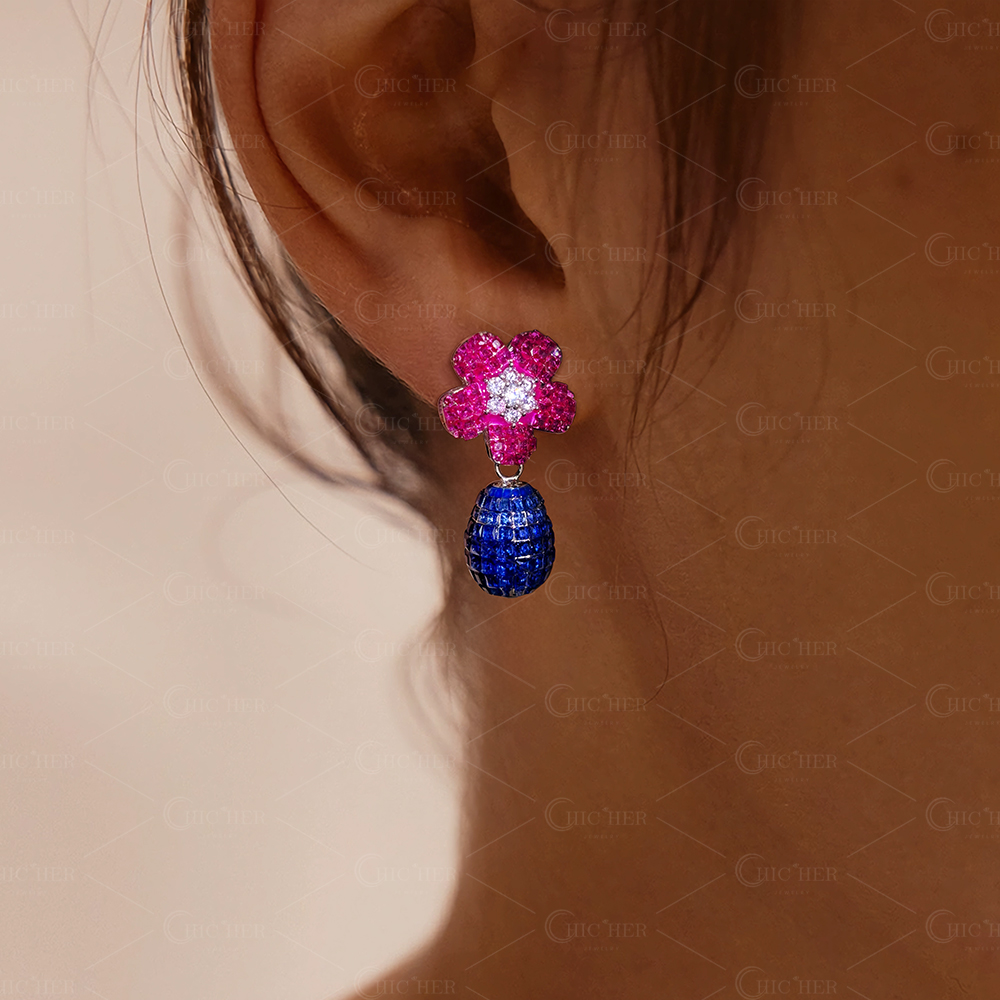 Flower Design Invisible Setting Diamond&Ruby&Sapphire Dangle Earrings