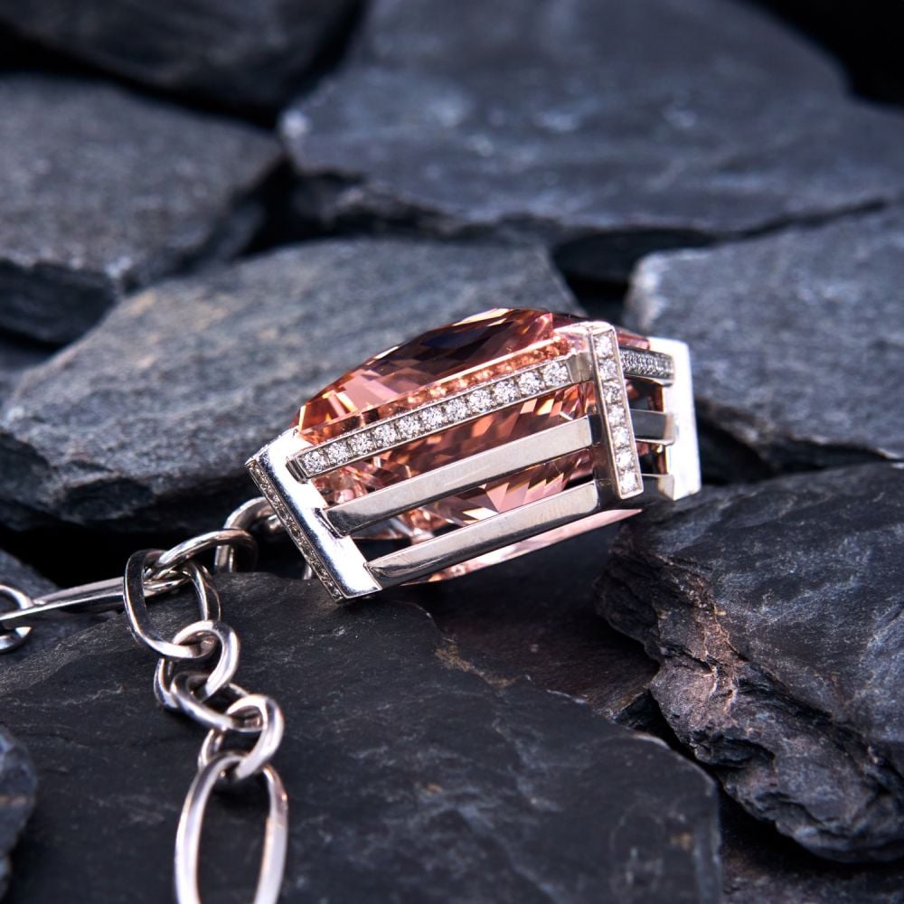 Halo Radiant Cut Morganite Pendant Necklace