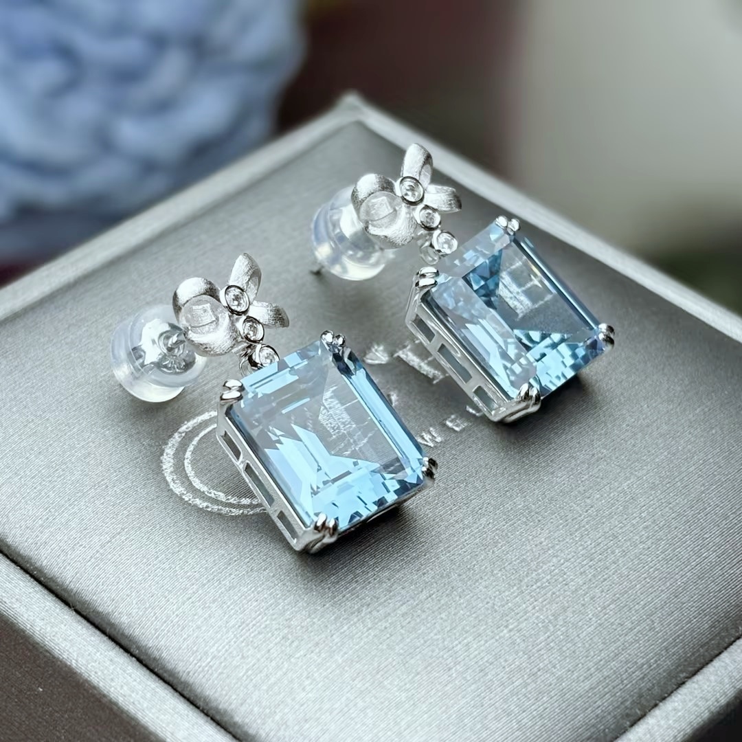 Original Design - Emerald Cut Aquamarine Sapphire Dangle Earrings