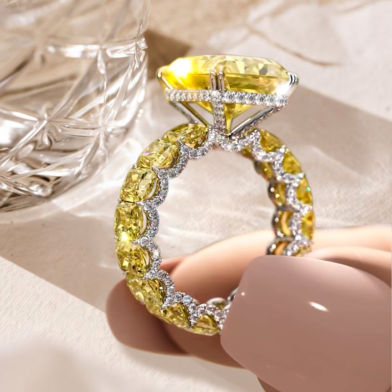 6ct Under Halo Emerald Cut Yellow Sapphire Ring