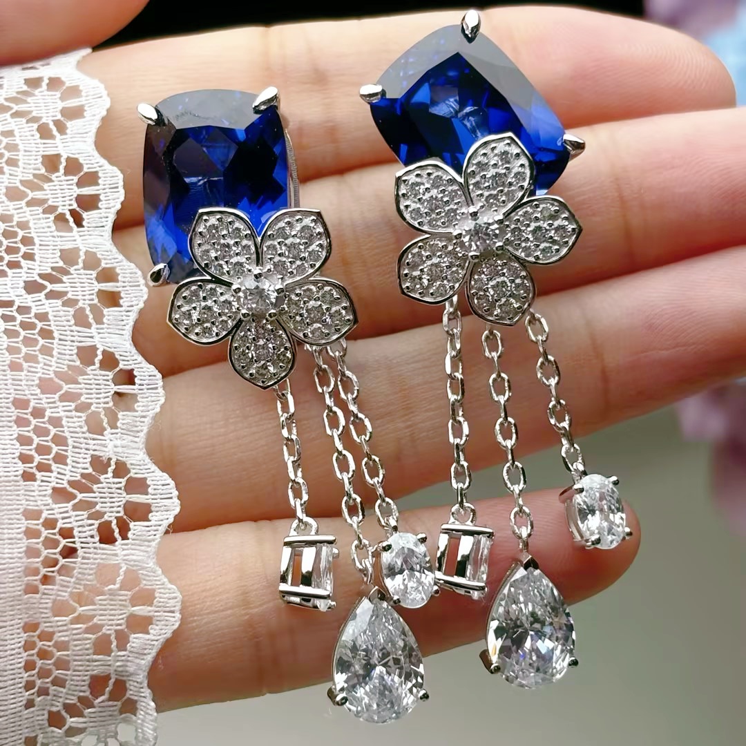 Original Design - 4.5ctw Cushion Cut  Blue Sapphire Dangle Earrings
