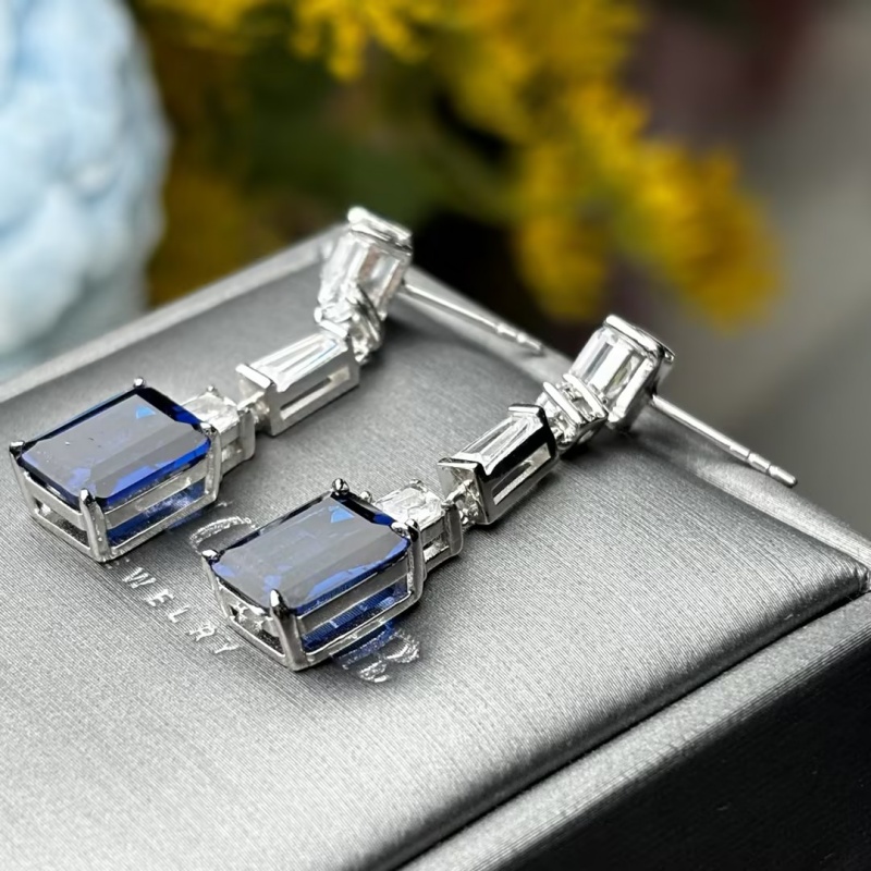 Emerald Cut Blue & Multi Cut White Sapphire Earrings
