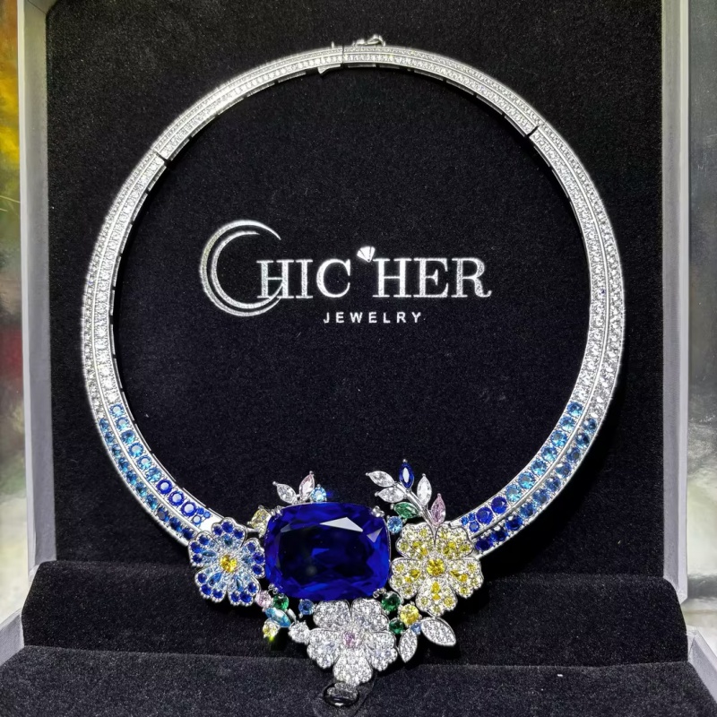 Original Design - Cushion Cut Blue Sapphire Flowers Necklace