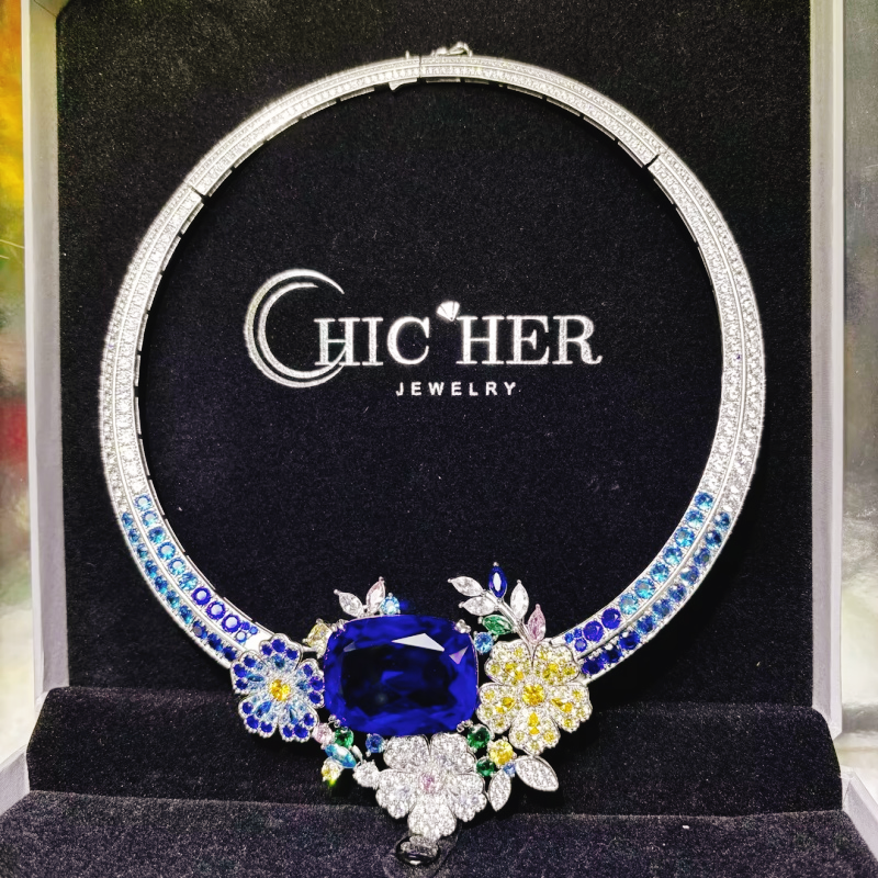 Original Design - Cushion Cut Blue Sapphire Flowers Necklace