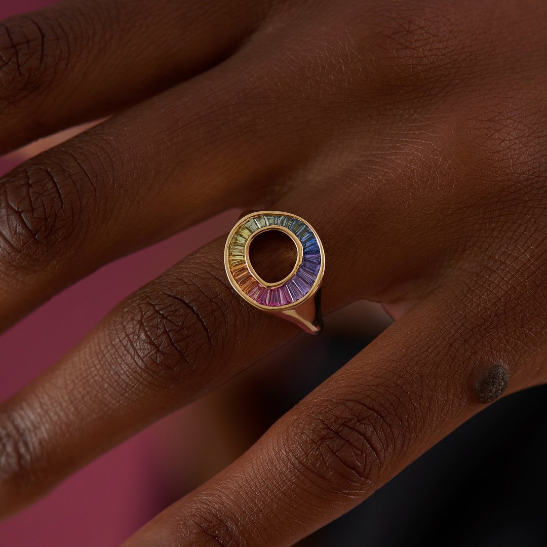 2.75ct Tapered Baguette Cut Rainbow Sapphire Sphere Ring