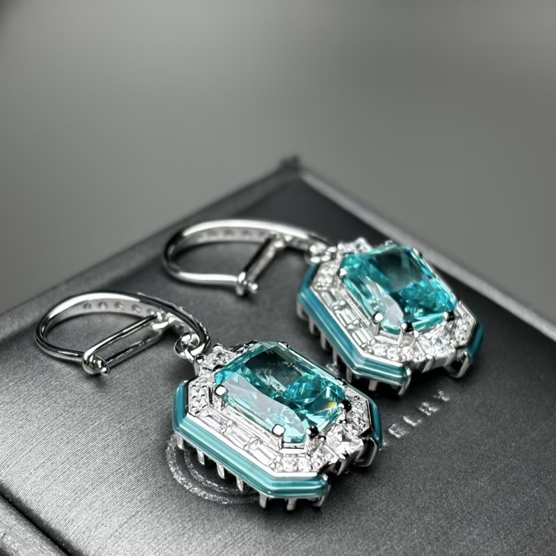 Emerald Cut Paraiba Tourmaline & White Sapphire Drop Earrings
