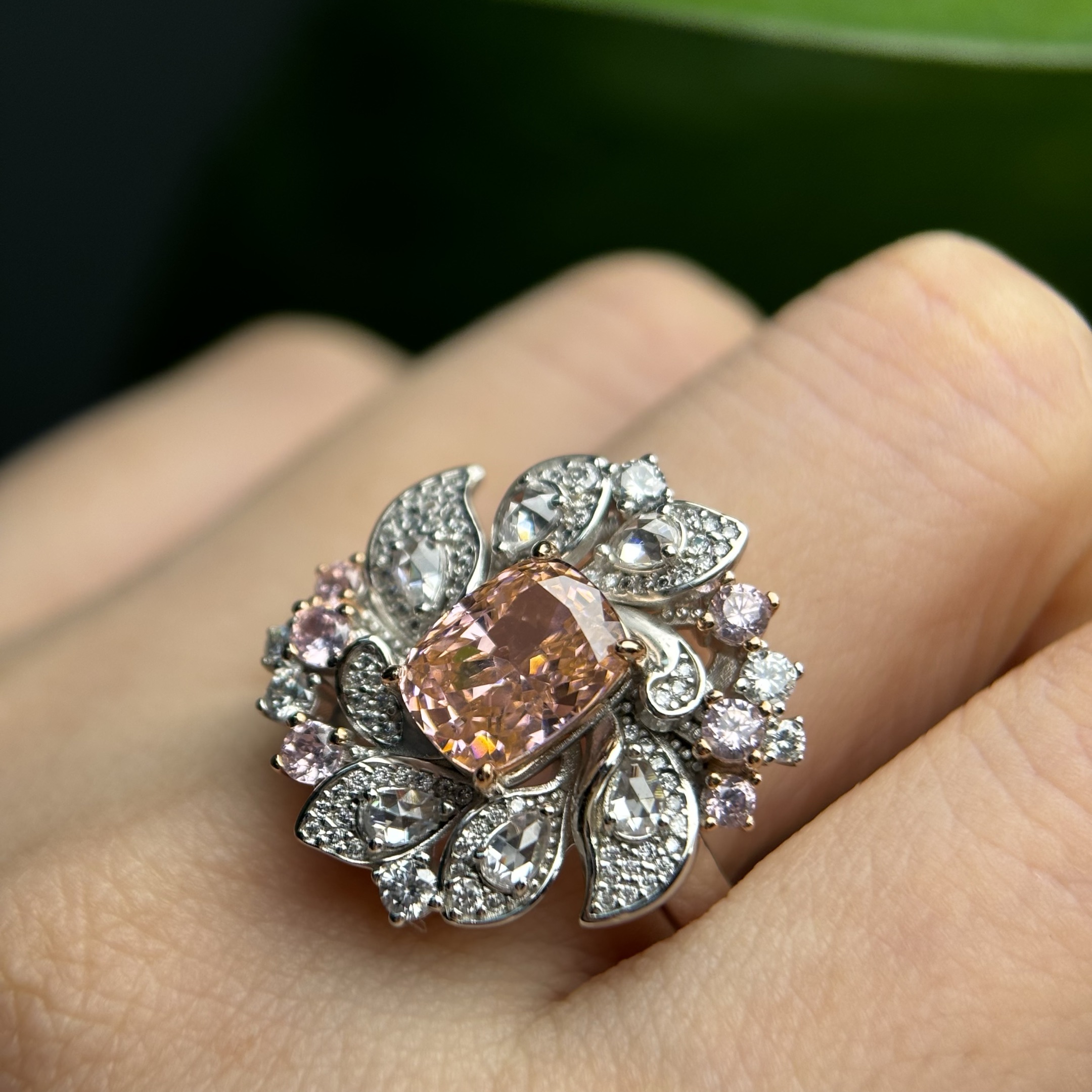 Original Design - 2ct Cushion Cut Pink Sapphire & White Moissanite Engagement Ring