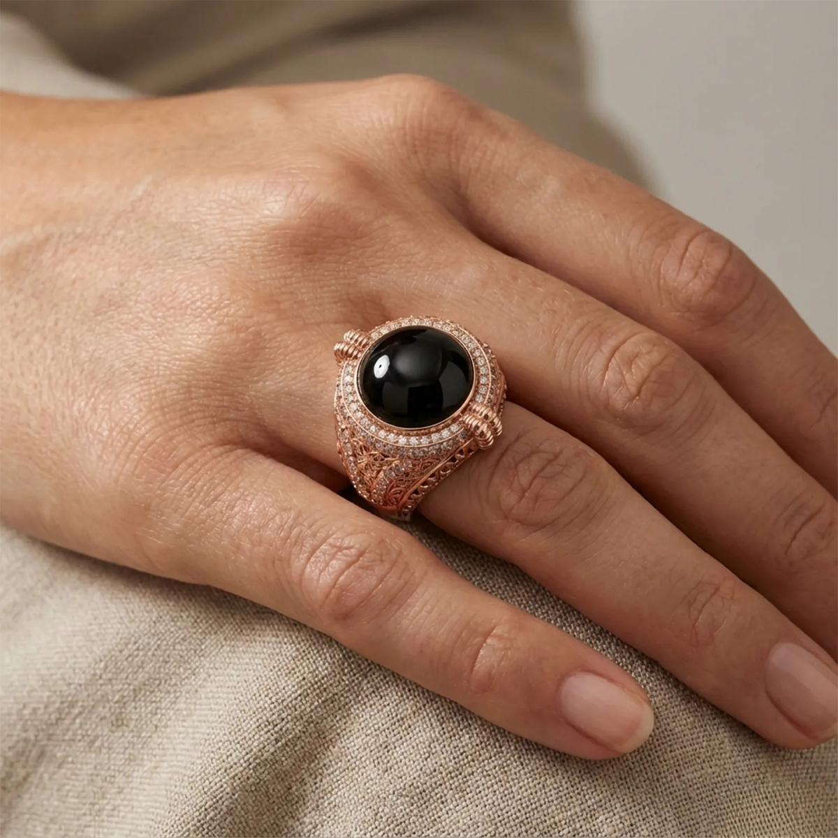 Vintage Filigree Rose Gold Black Onyx & White Sapphire Men's Ring