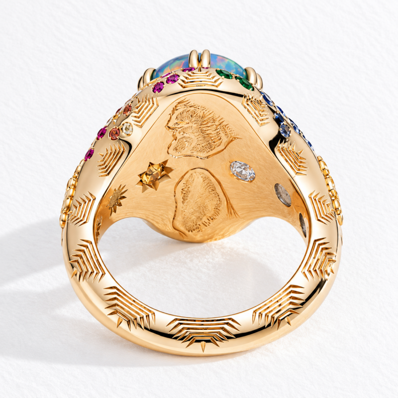 Art 6.75ct Oval Cut Opal & Round Cut Multicolor Sapphire Halo Engagement Ring