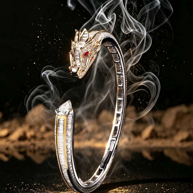 Art Multi-Cut White & Ruby Sapphire Two-Tone Dragon Open Cuff Unisex Bracelet