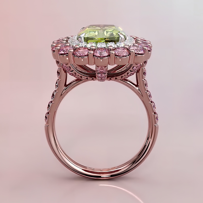 Double Halo 4ct Cushion Cut Peridot Sapphire Ring