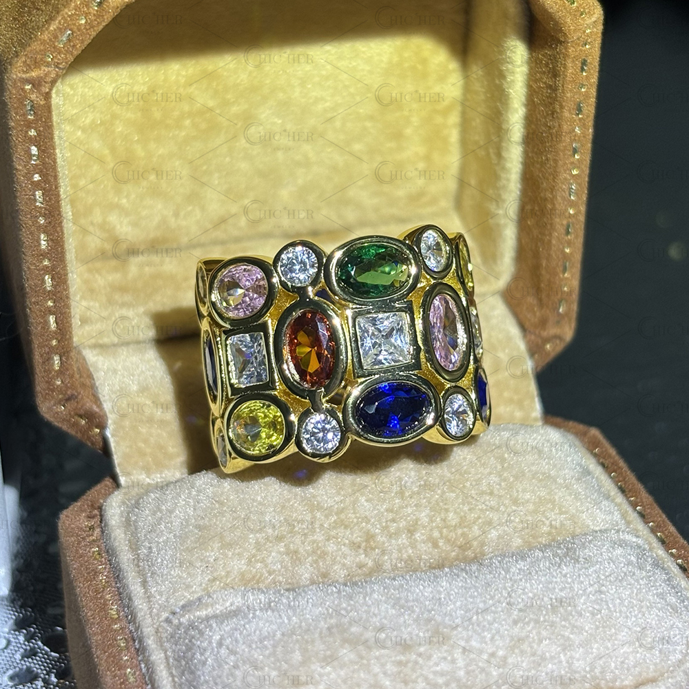 Three Row 5.85ct Rainbow Sapphire Wedding Band