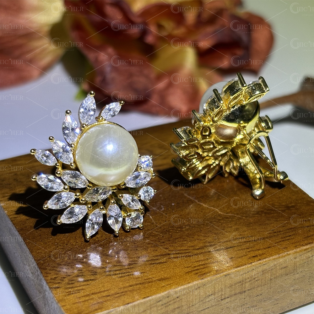 Art Deco Gold Pearl&Diamond Stud Earrings