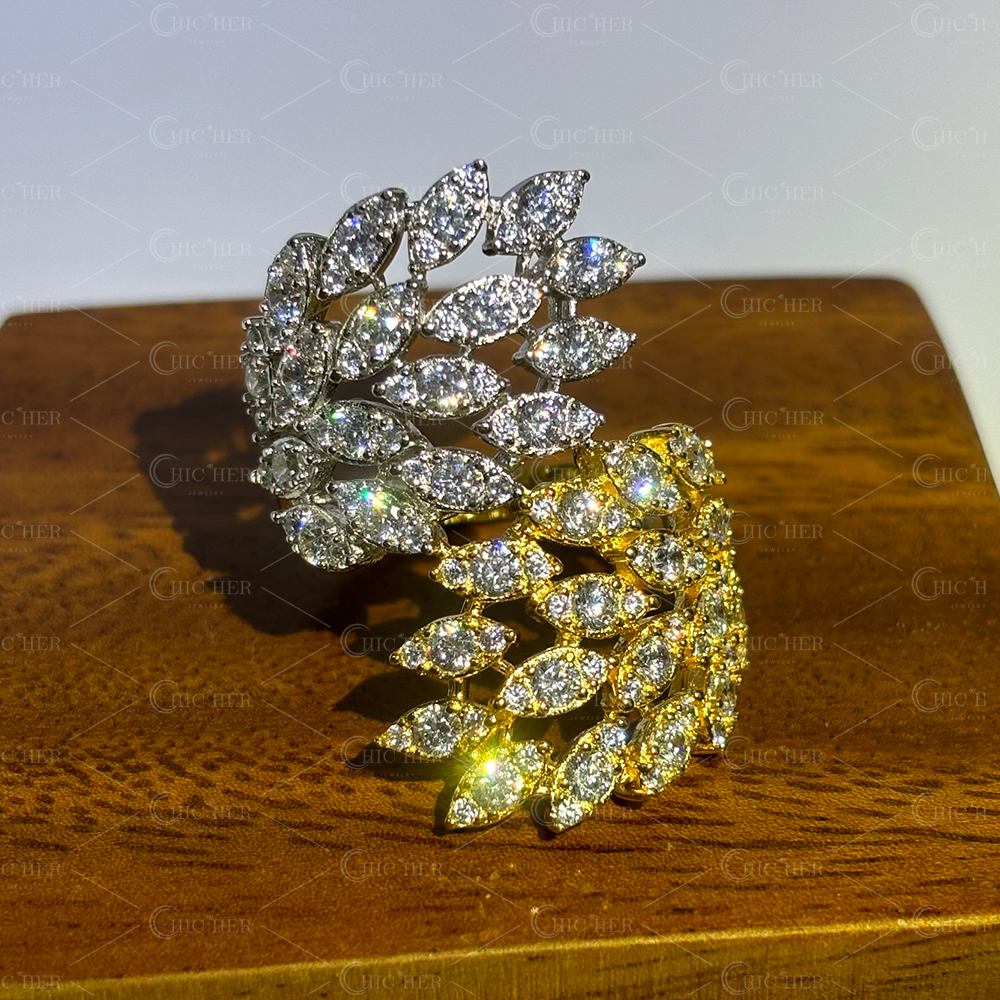 Two Tone Leaves 1.8ct Round Cut White Sapphire Cocktail Ring