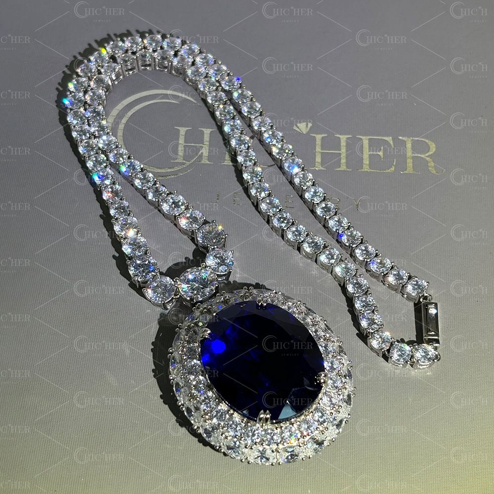 Oval Cut Blue Sapphire Pendant Necklace 