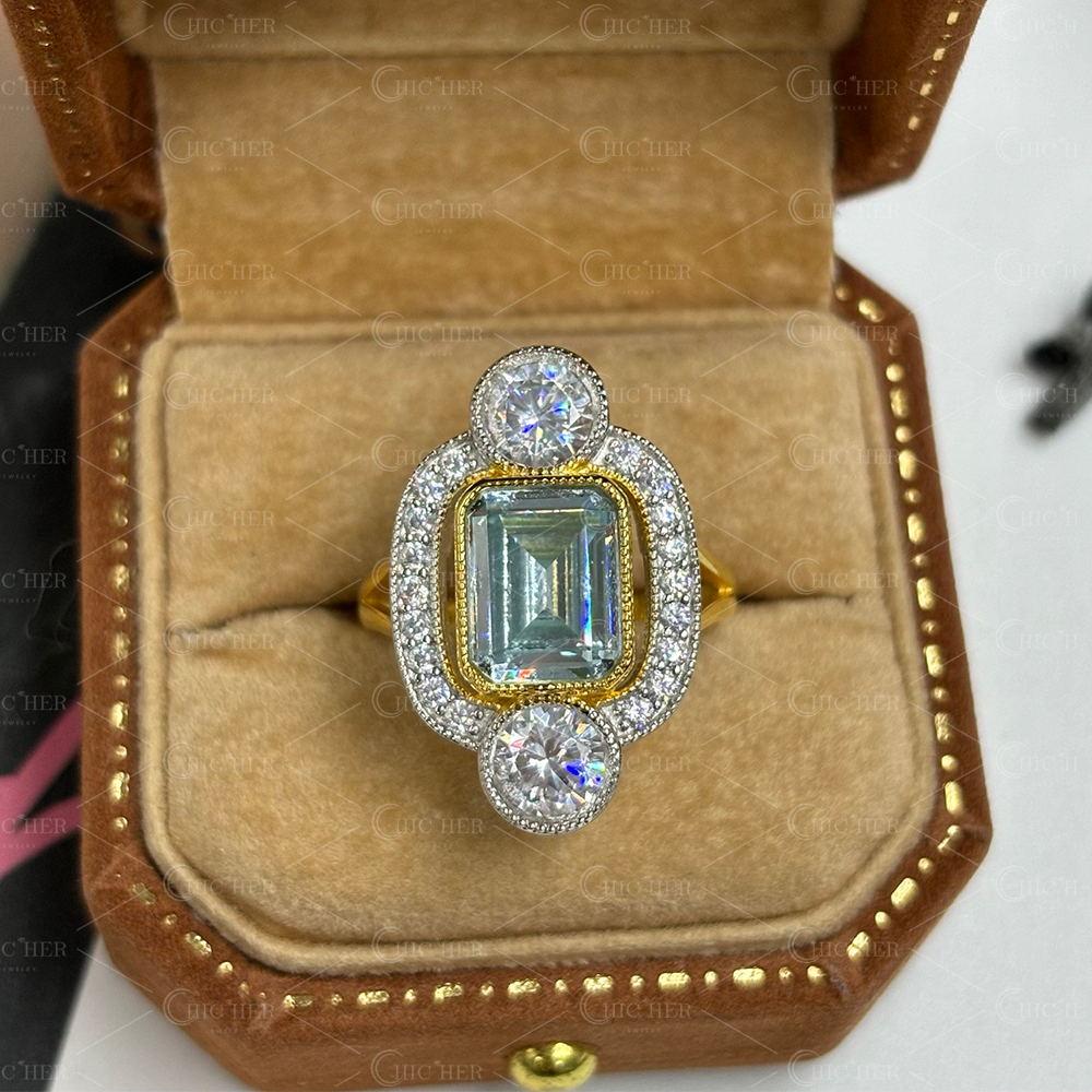 4ct Art Deco Design Emerald Cut Aquamarine Ring