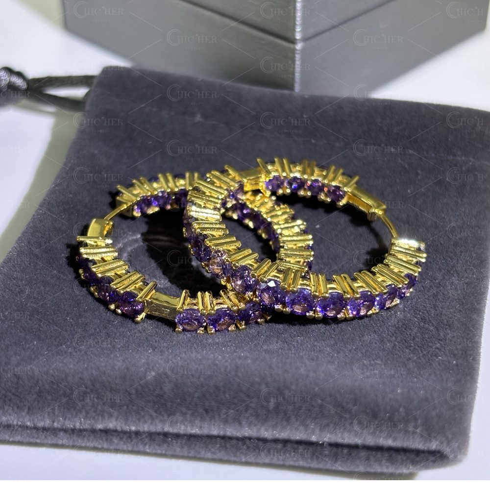 Round Cut Amethyst Sapphire Hoop Earrings