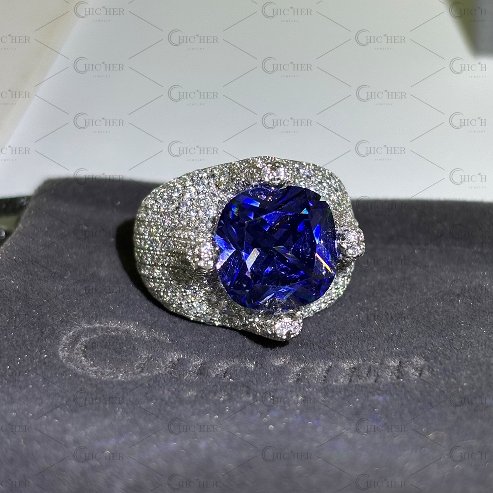 7ct Paved Setting Cushion Cut Blue Sapphire Cocktail Ring