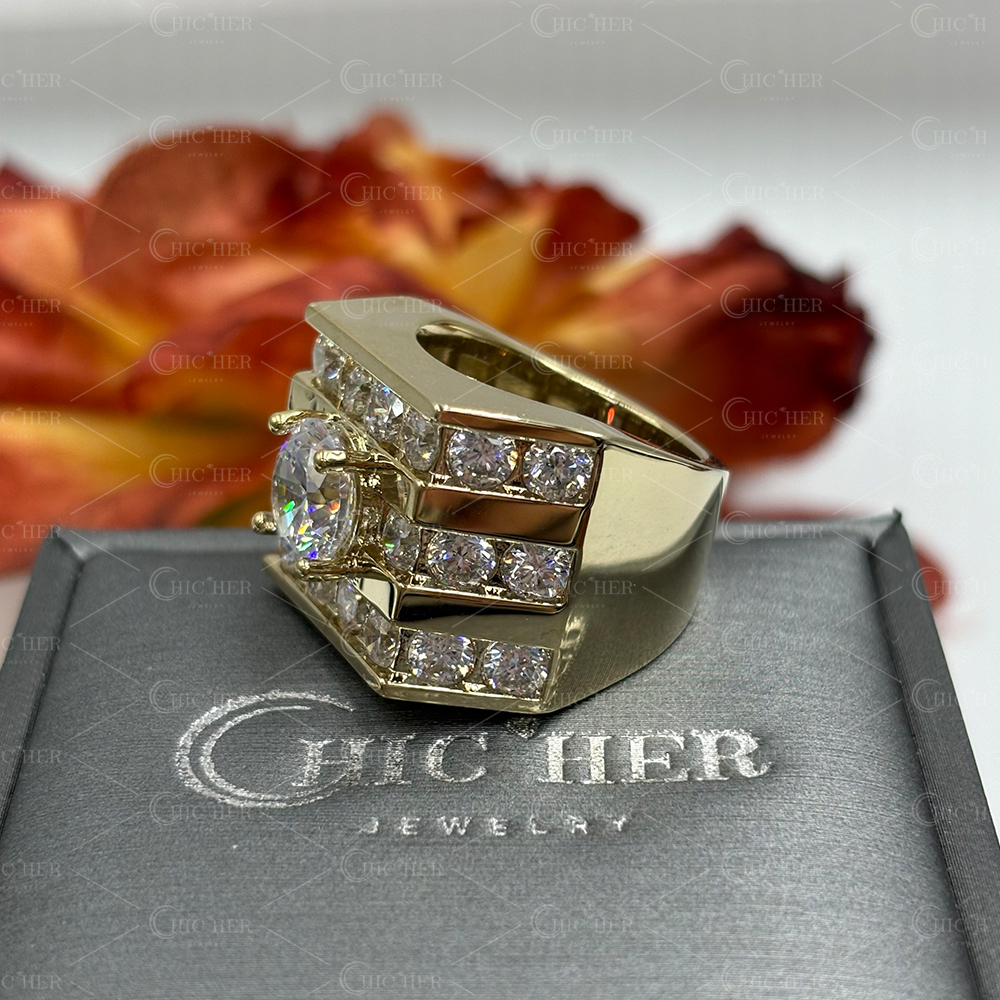 3ct Round Cut Men's Wide Band in Gold