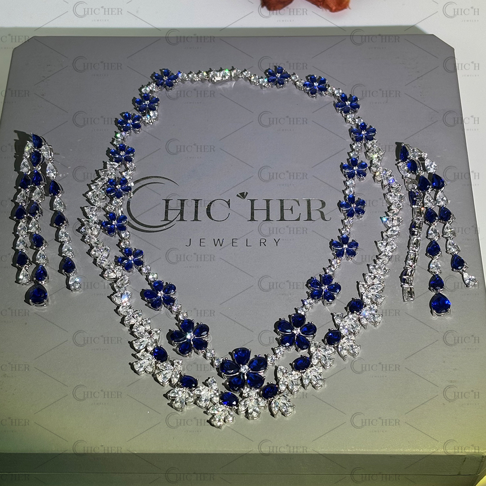 Floral Design Blue Sapphire Necklace&Earrings/2pcs