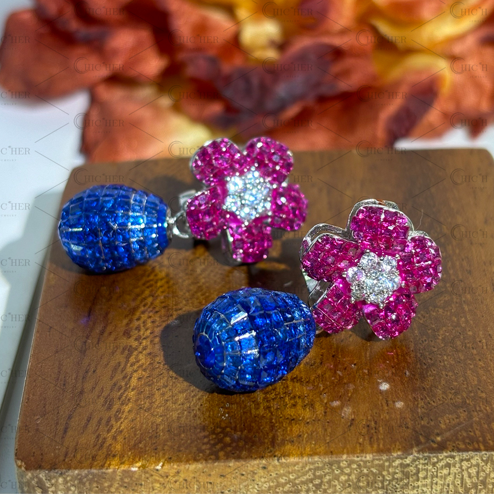 Flower Design Invisible Setting Diamond&Ruby&Sapphire Dangle Earrings