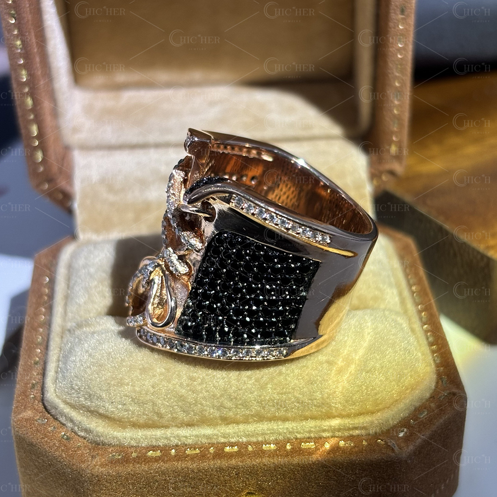 Bustier Design 2.95ct Black&White Sapphire Pave Cocktail Ring