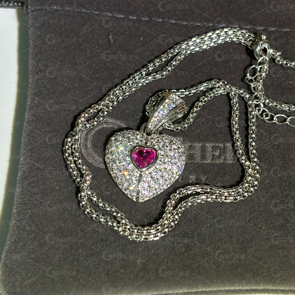 Fashion Two-tone Pink&Diamond Heart Pendant Necklace