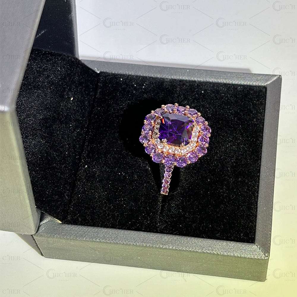 Double Halo 4ct Radiant Cut Amethyst Sapphire Engagement Ring