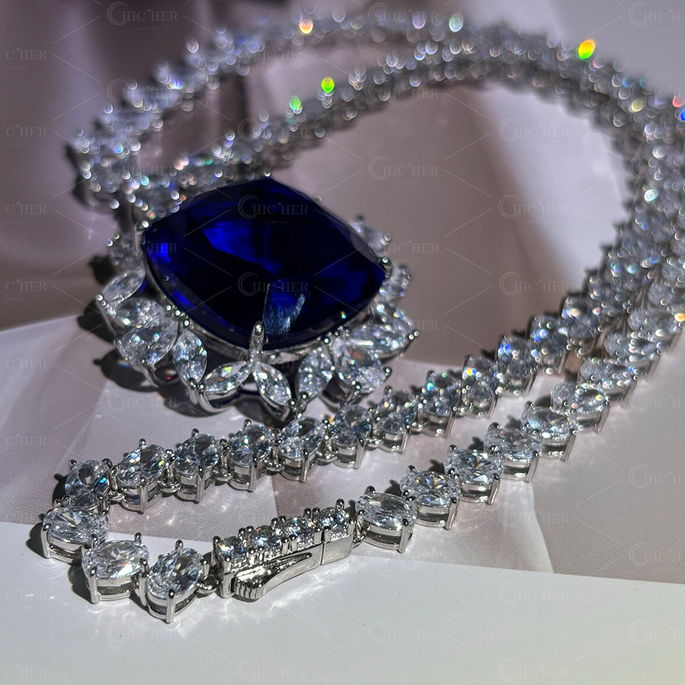 Halo Cushion Cut Blue Sapphire Pendant Necklace