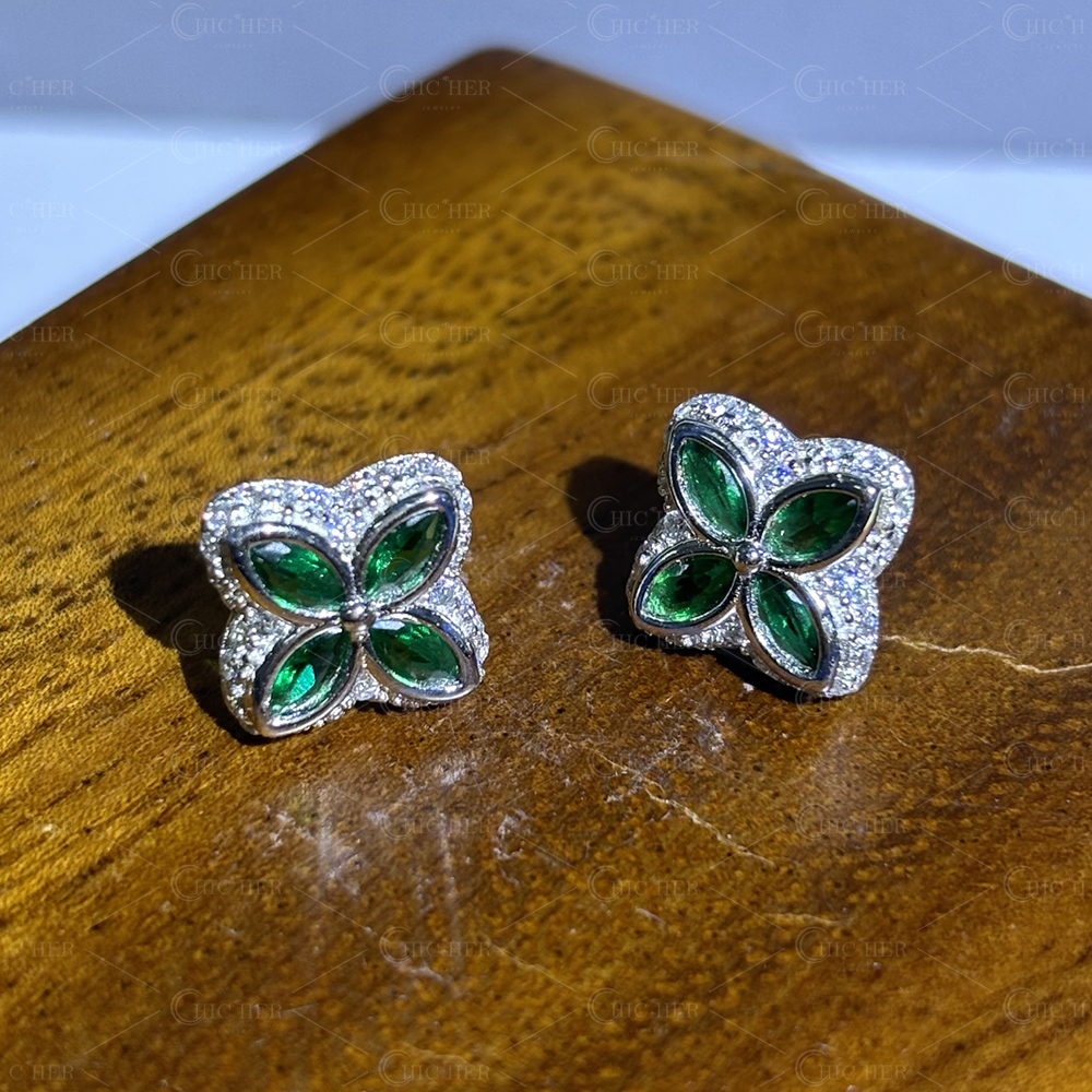Clover Design Emerald&Diamond Men's Stud Earrings