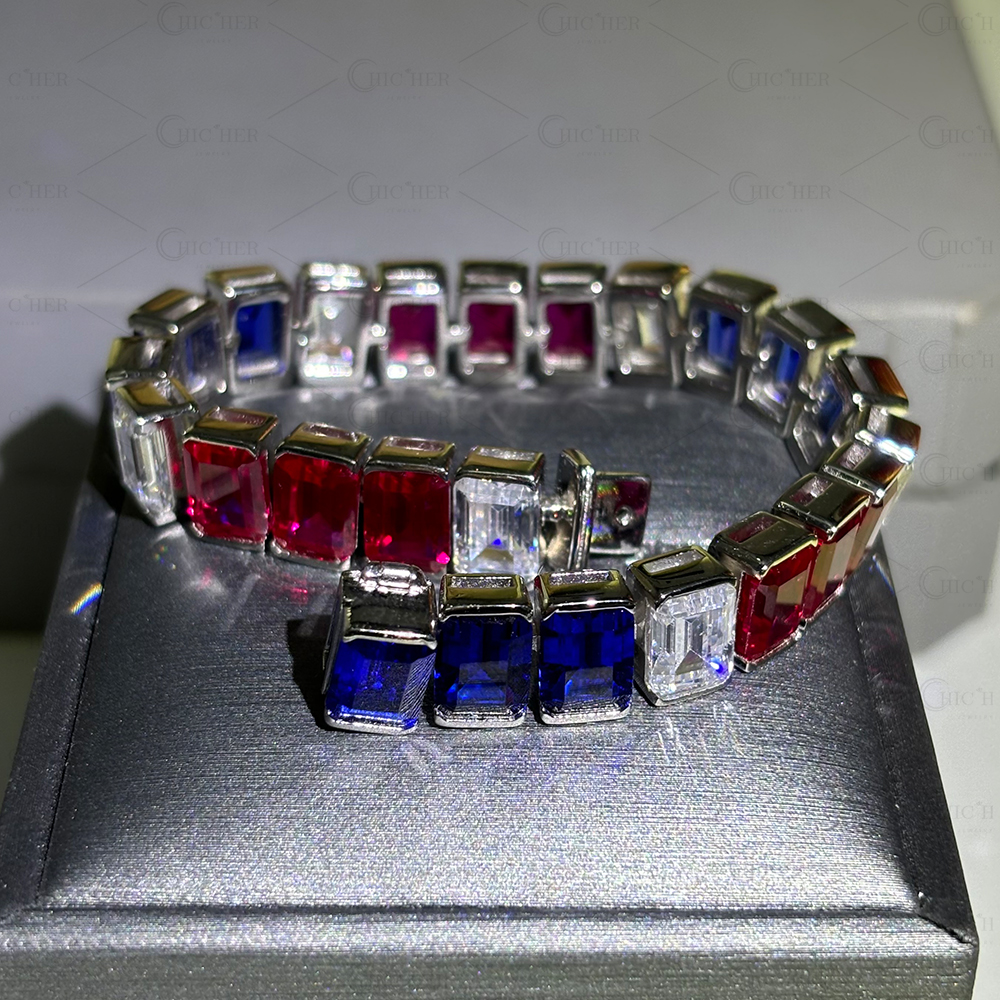 Emerald Cut Ruby&Blue Sapphire Men's Bracelet