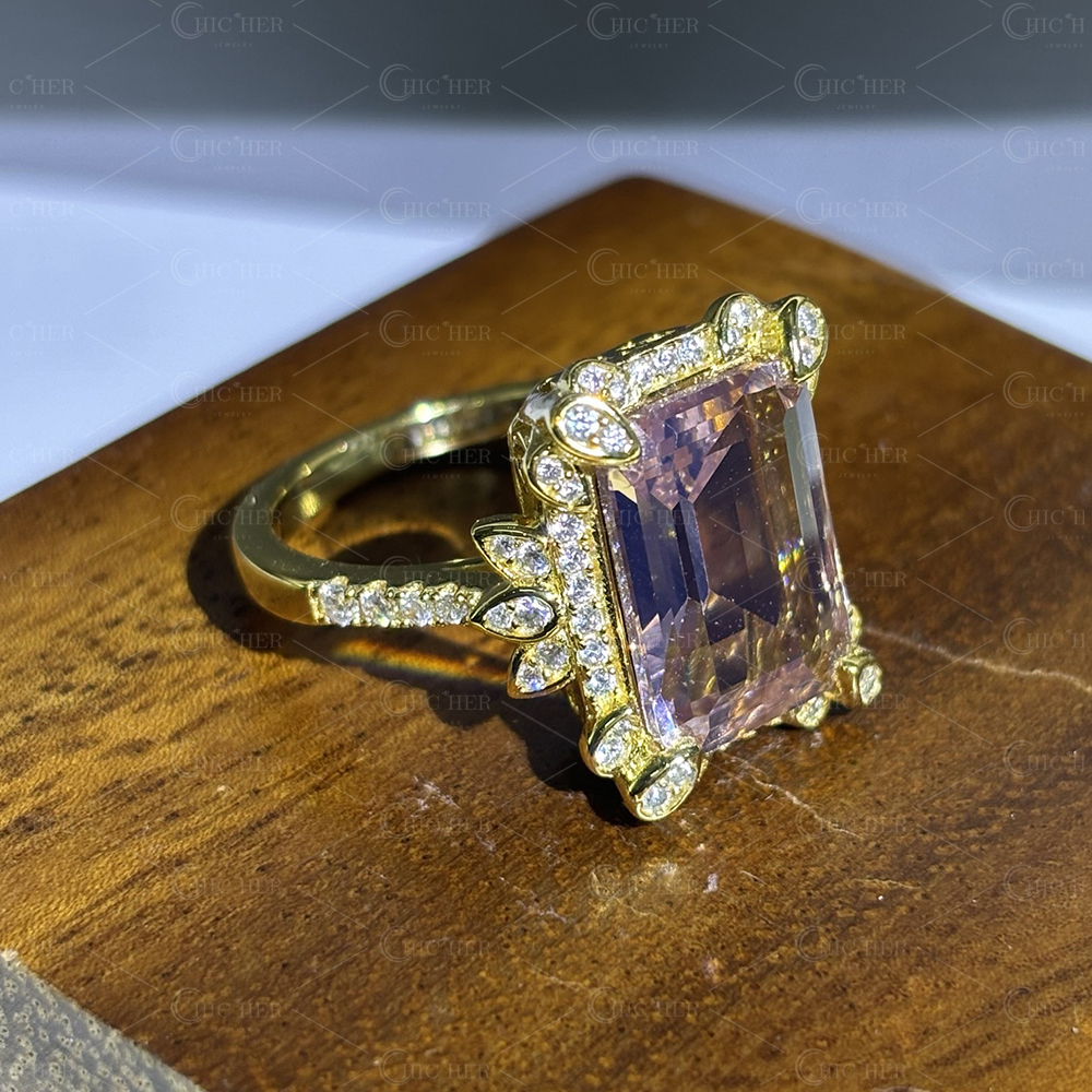 Halo 7ct Emerald Cut Pink Sapphire Engagement Ring