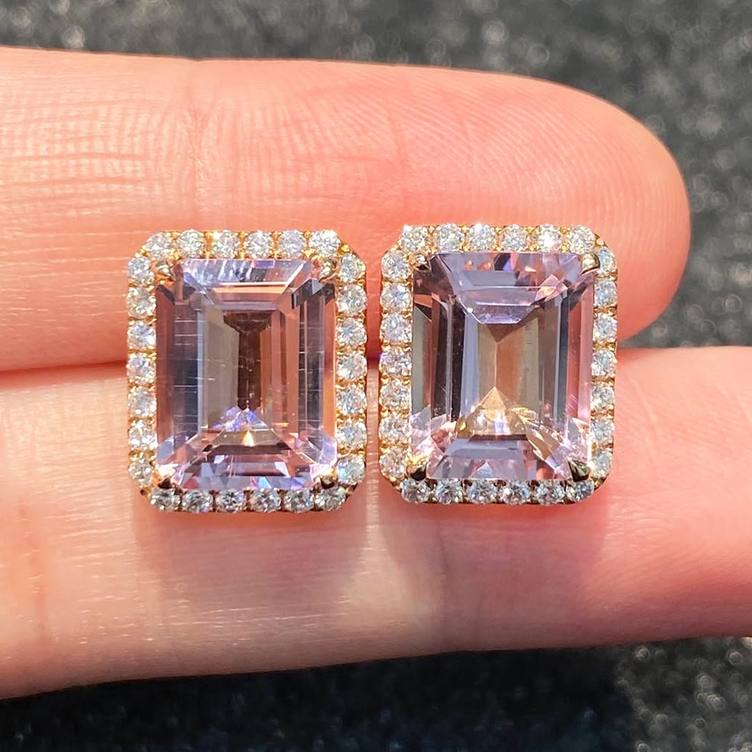 Halo Emerald Cut Pink Sapphire Stud Earrings
