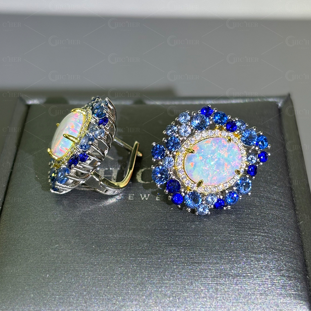 Oval Cut Opal Sapphire Stud Earrings