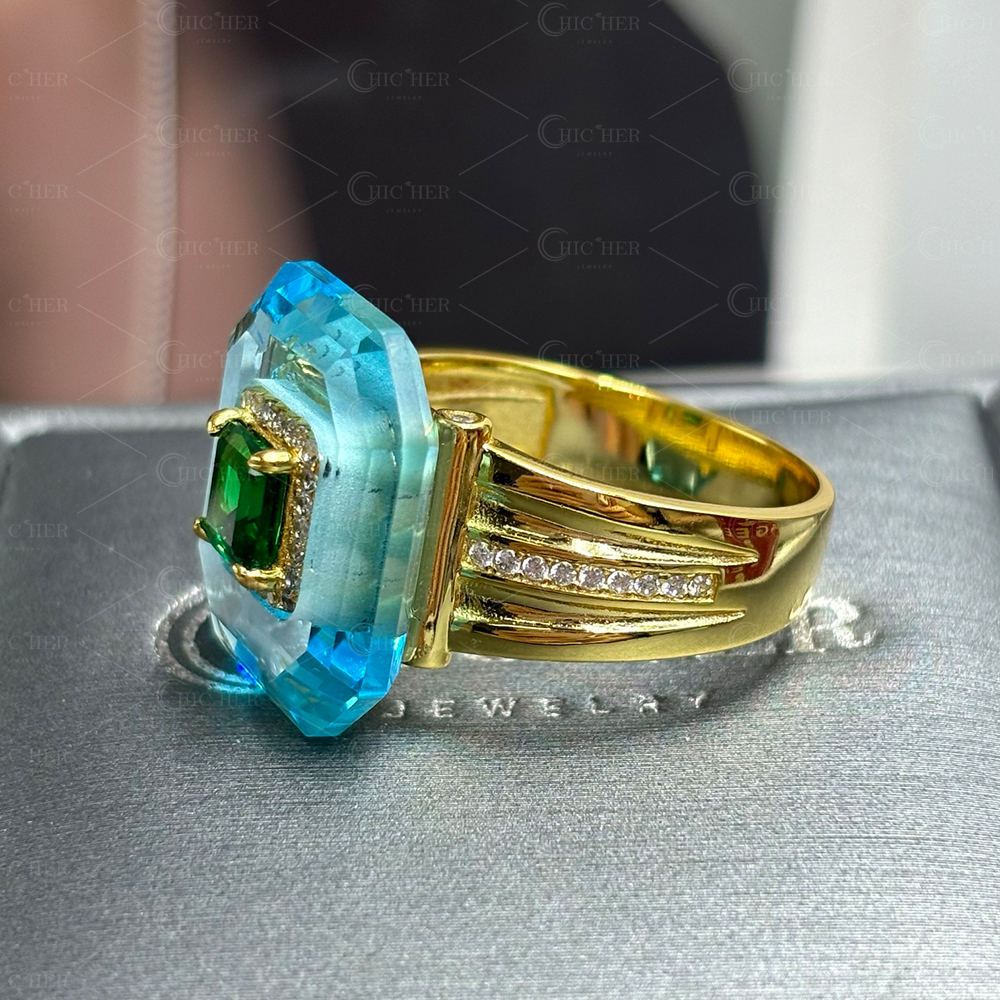 2ct Unique Emerald Cut Emerald Sapphire Engagement Ring