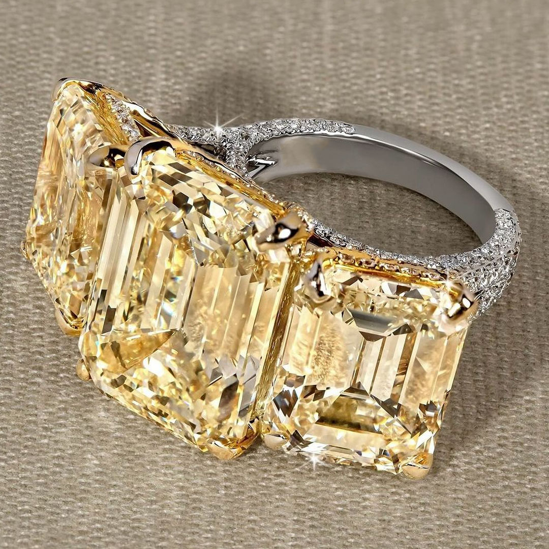 7ct Three Stone Emerald Cut Yellow Sapphire Engagement Ring
