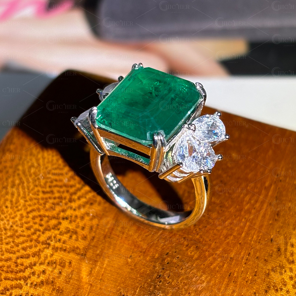 10ct Emerald Cut Emerald Sapphire Engagement Ring