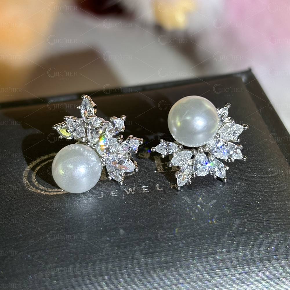 Marquise Cut White Sapphire Pearl Earrings