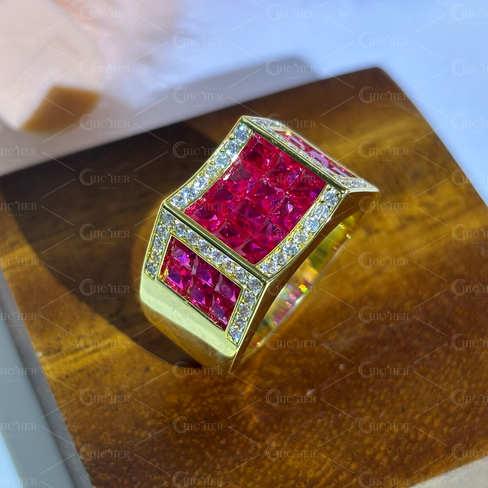 Invisible Setting 4.9ct Princess Cut Ruby Sapphire Men's Band