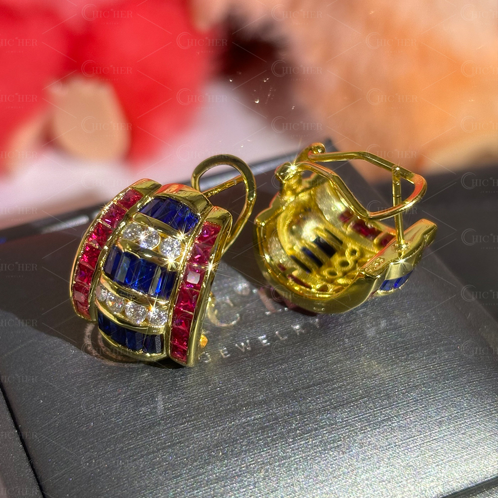 Three Tone Blue&Ruby&White Sapphire Hoop Earrings