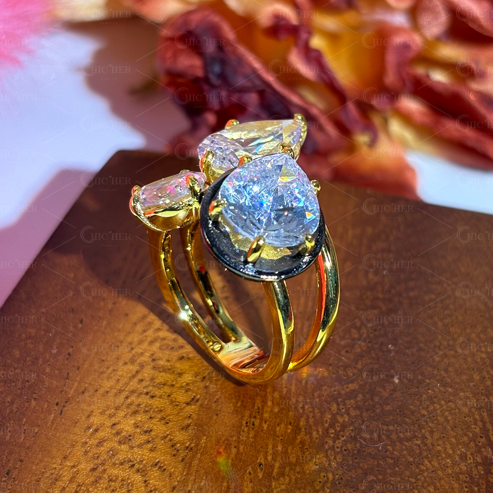 7.5ct Pear Cut White Sapphire Weeding Ring Set/ 3pcs