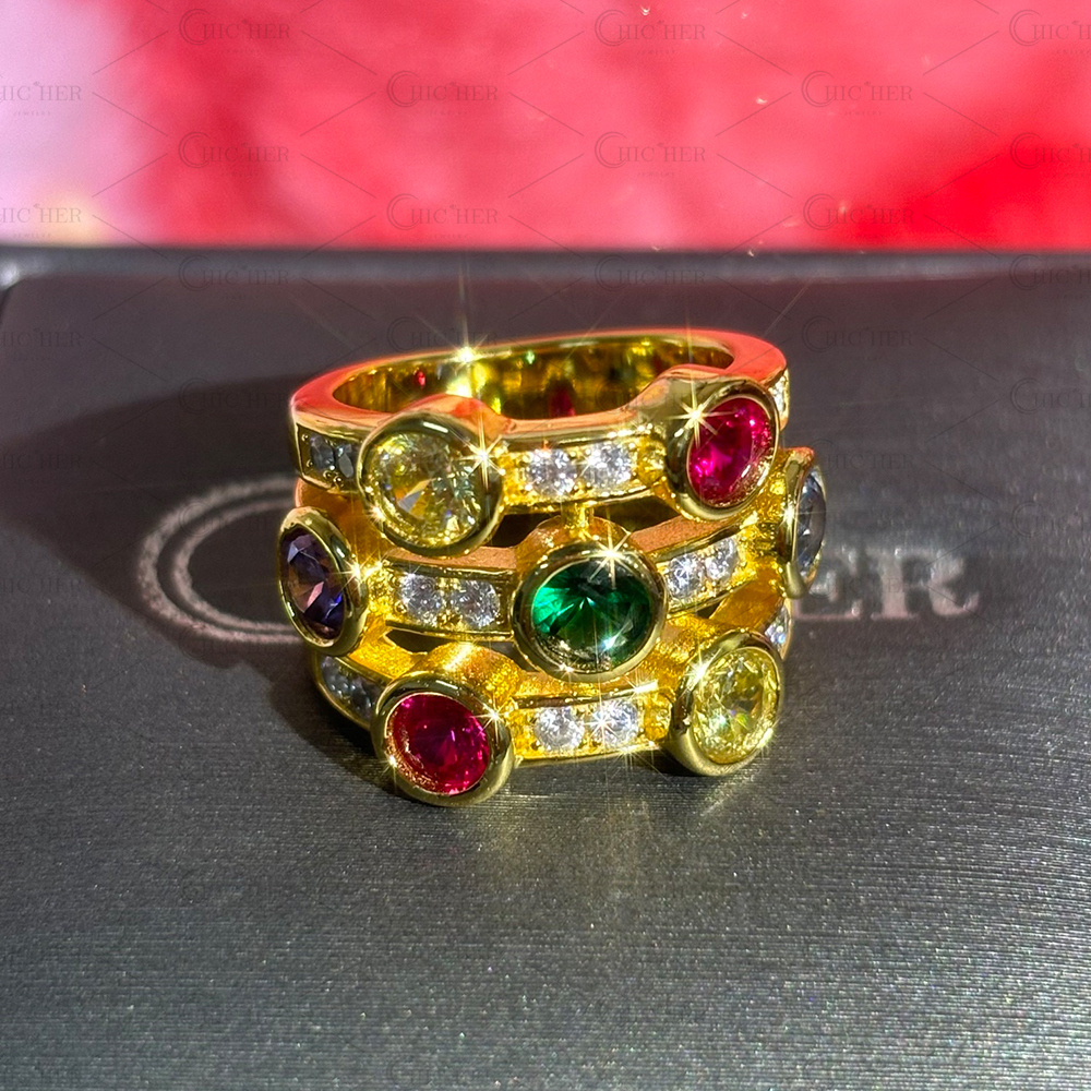 Multi Row 1.8ct Round Cut Rainbow Sapphire Wedding Band