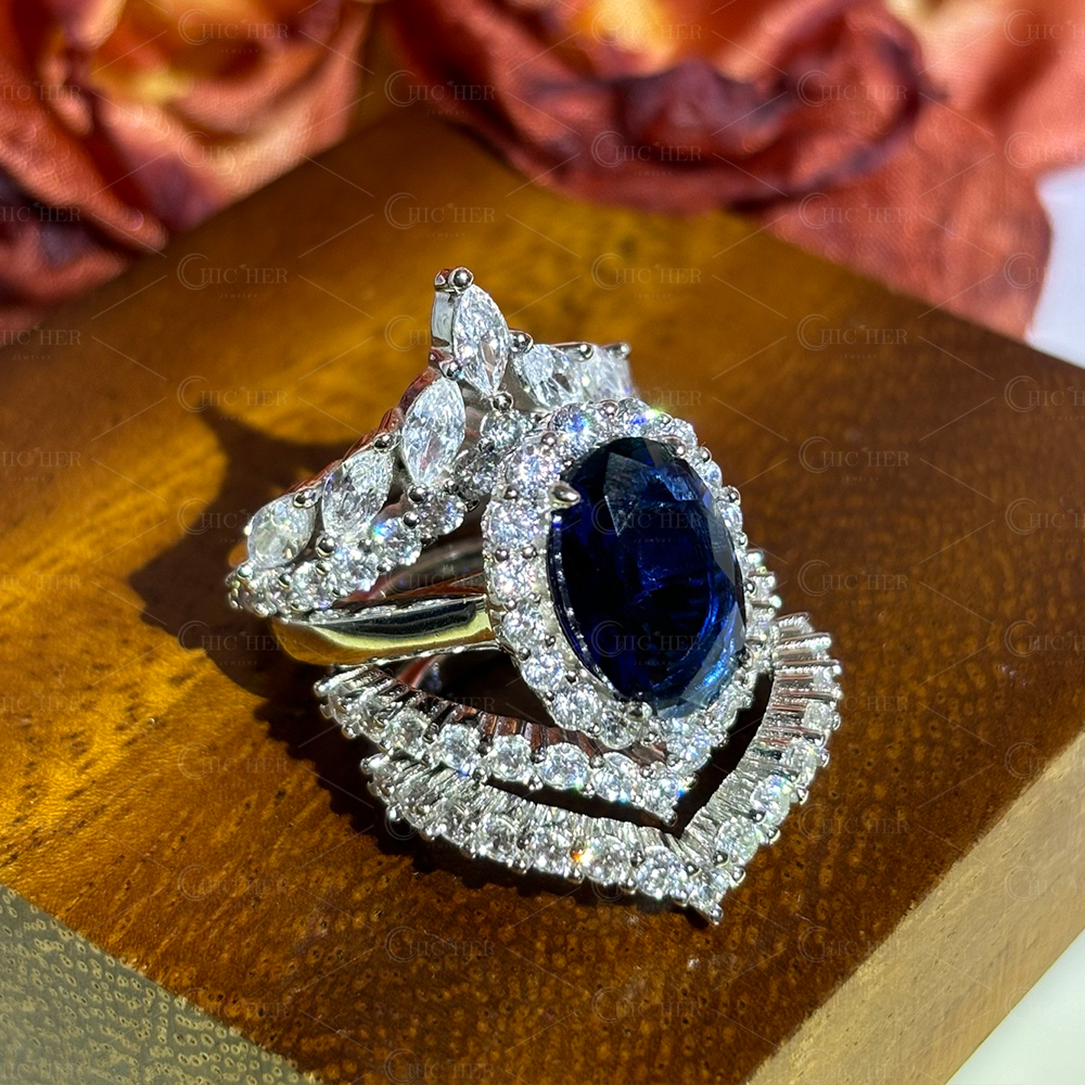 Halo 4ct Oval Cut Blue Sapphire Wedding Set/3pcs