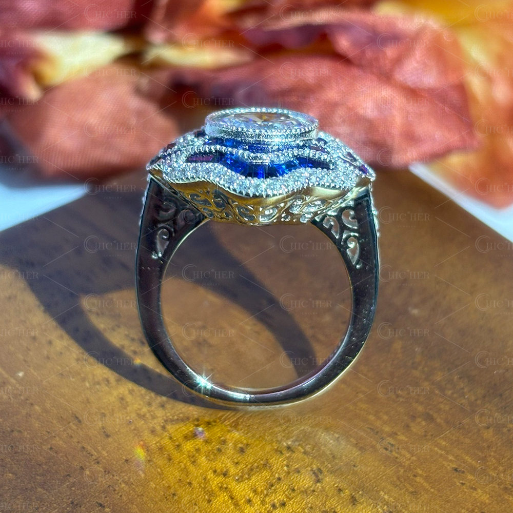 Art Deco 2.5ct Two Tone White&Blue Sapphire Engagement Ring