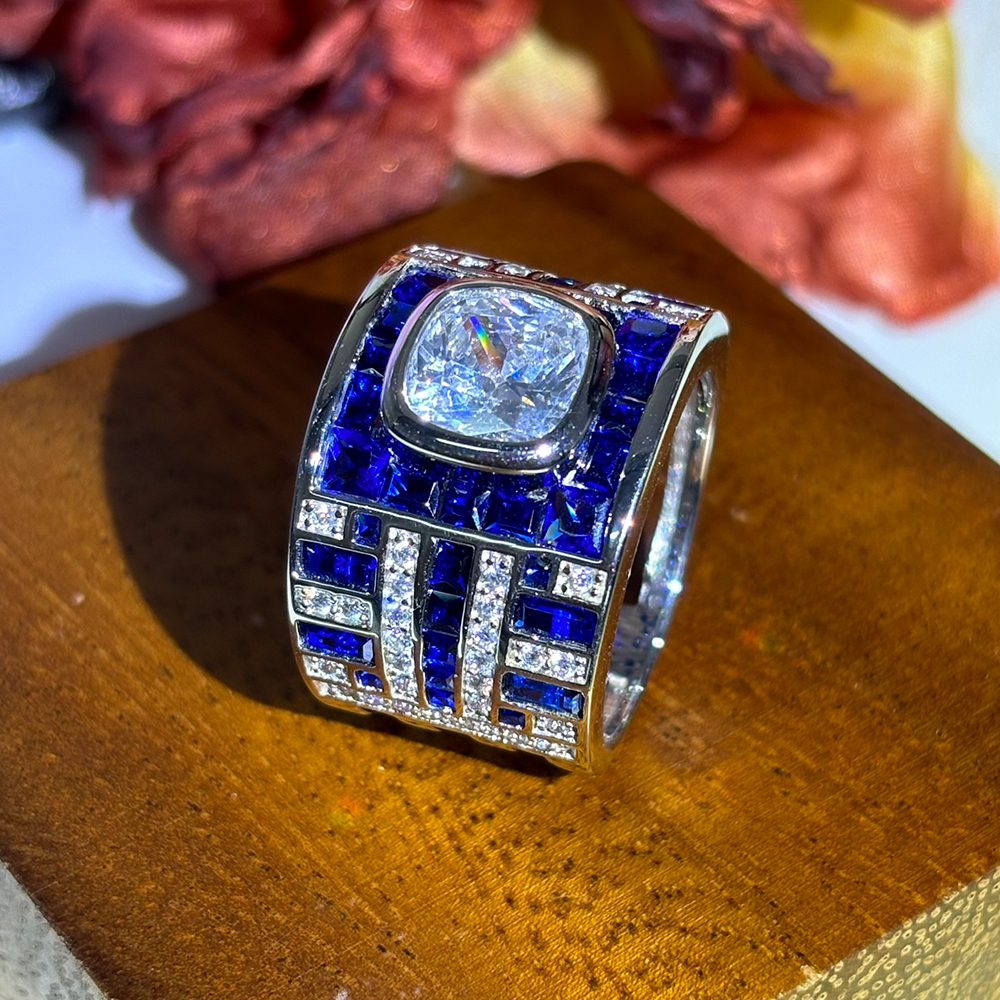 5ct Cushion Cut Two Tone Sapphire Men's Ring